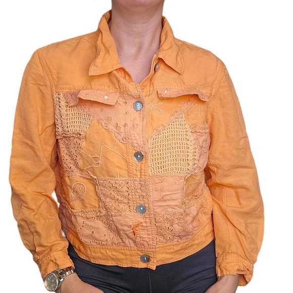 Y2K‎ Medium Sherbert Orange Artsy Textured Jacket Linen Blend Lightweight Boho - Picture 1 of 9